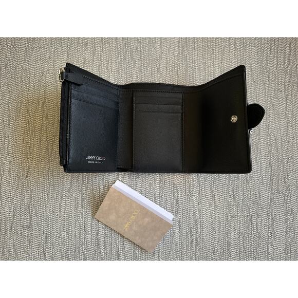 Jimmy Choo Black Leather Trifold Wallet NEW Crystal Jewel Card Holder Small - Picture 6 of 8